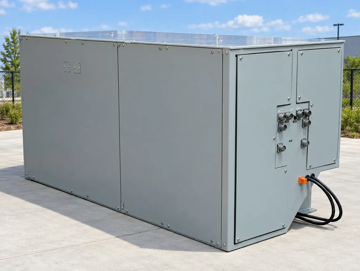 屋外のコンクリートの敷地に置かれた、充電用の接続口を備えた蓄電システムの筐体